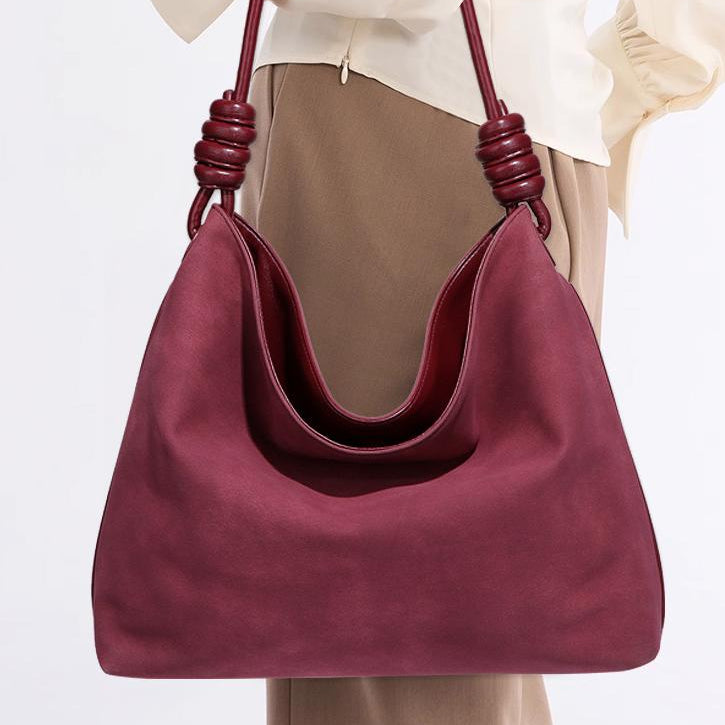 Luxury Frosted Office Bucket Bag in maroon with knotted straps, perfect for langry fashion and ملابس