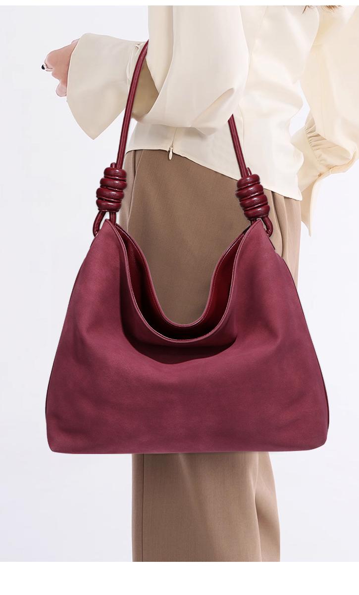 Luxury Frosted Office Bucket Bag in maroon with knotted straps, perfect for langry fashion and ملابس