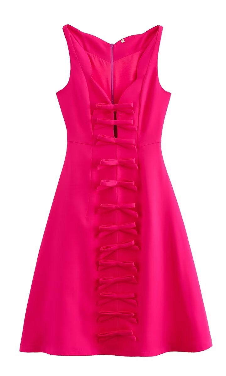 Fuchsia sleeveless Stereo Bowknot Decoration Dress with ruffled front, fashionable ملابس for women