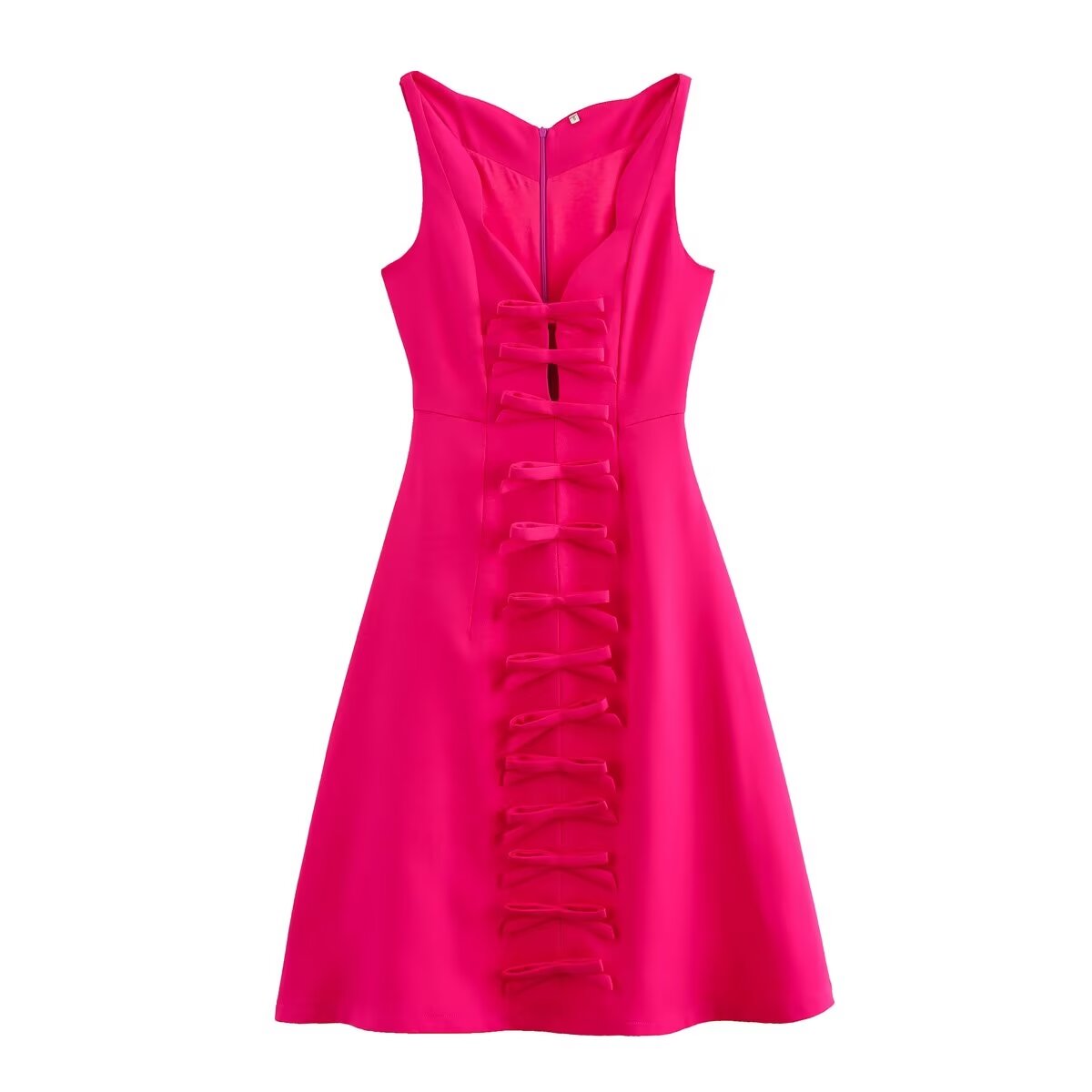 Fuchsia sleeveless Stereo Bowknot Decoration Dress with ruffled front, fashionable ملابس for women
