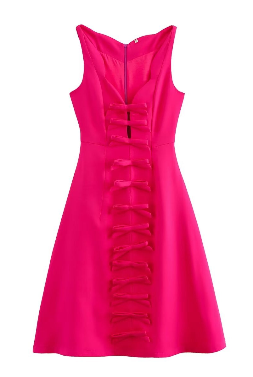 Sleeveless pink fashion dress with ruffled front, Stereo Bowknot Decoration Dress, ملابس