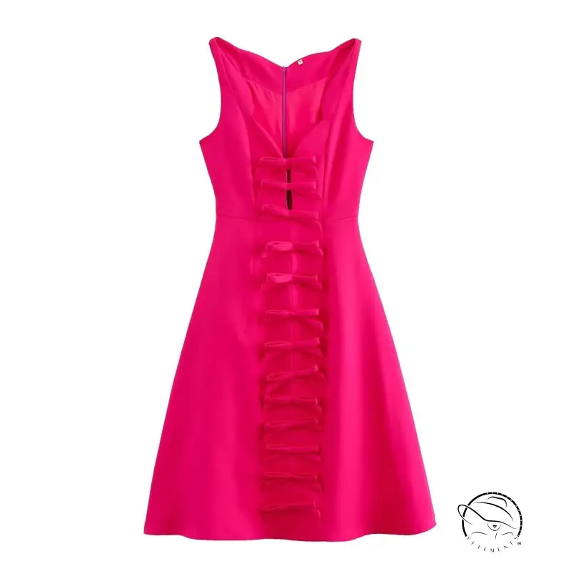 Sleeveless pink stereo bowknot decoration dress with ruffled front