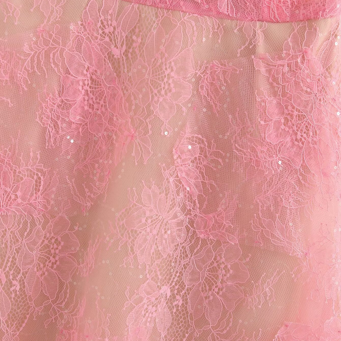 Pink lace fabric with sequins from the Elegant Floral Lace Patchwork Tulle Dress, perfect for luxury fashion and ملابس
