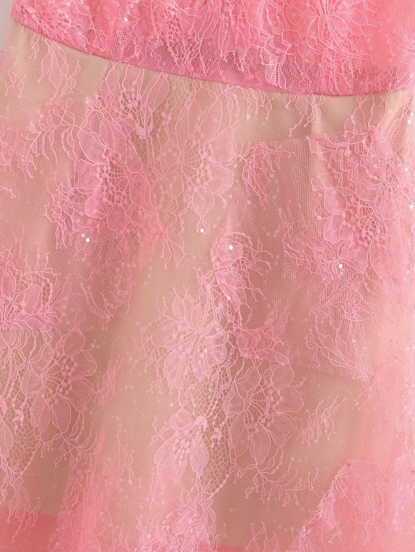 Pink lace fabric with sequins from the Elegant Floral Lace Patchwork Tulle Dress, perfect for luxury fashion and ملابس
