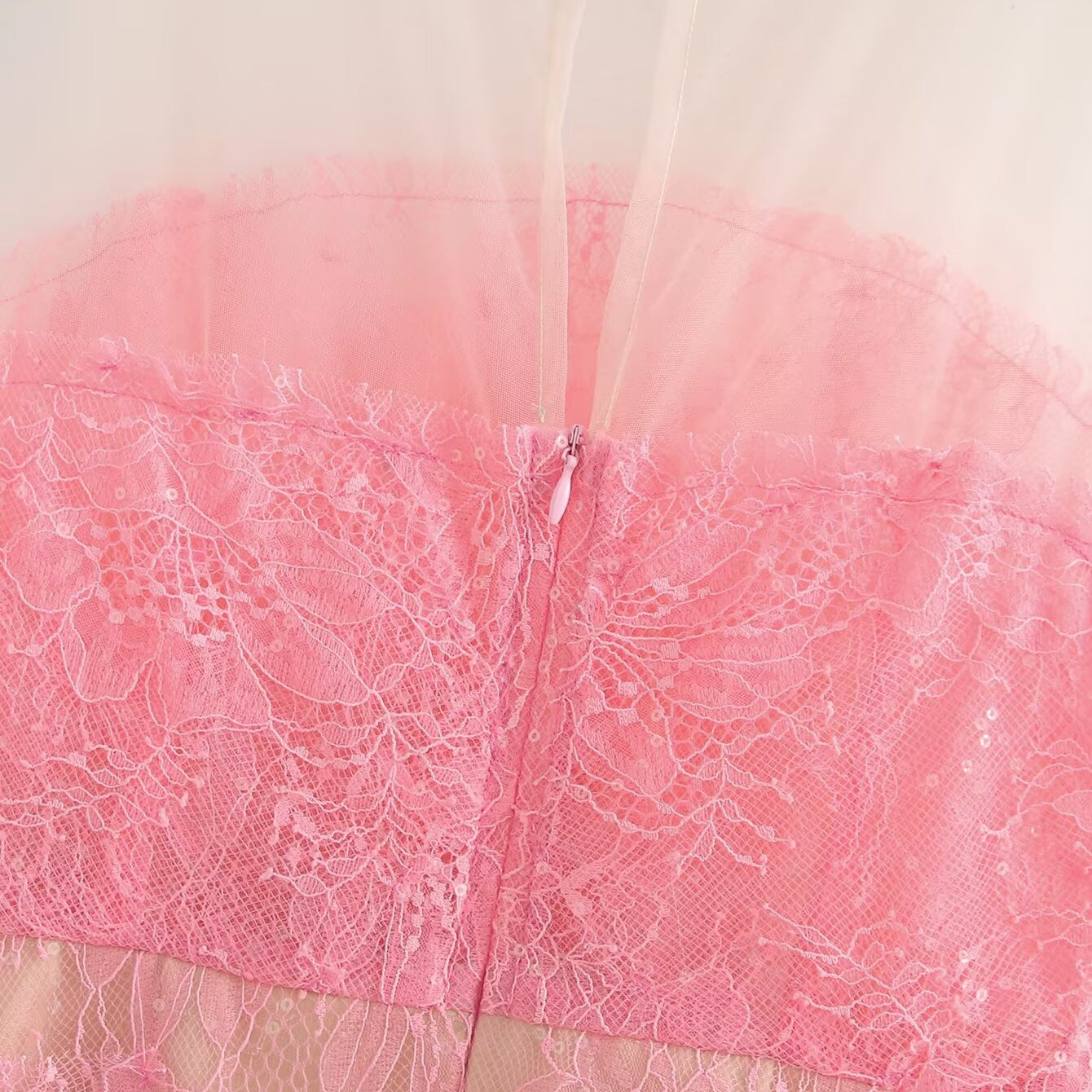 Pink lace dress with zipper from Elegant Floral Lace Patchwork Tulle Dress, a stylish fashion ملابس piece