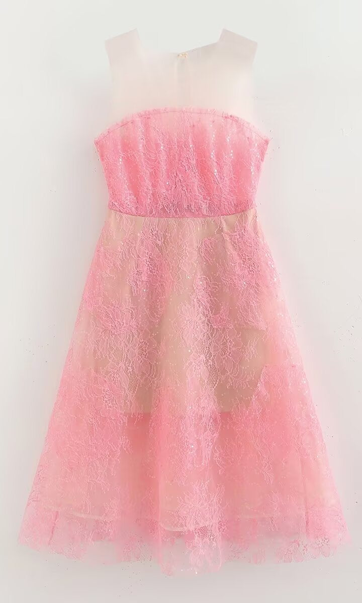Elegant floral lace patchwork tulle dress in pink for fashion enthusiasts ملابس