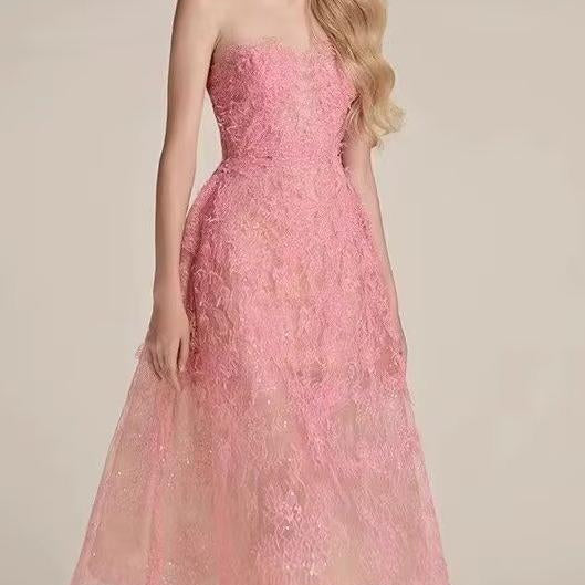 Elegant floral lace patchwork tulle dress featuring a strapless pink lace design for sophisticated fashion and ملابس style