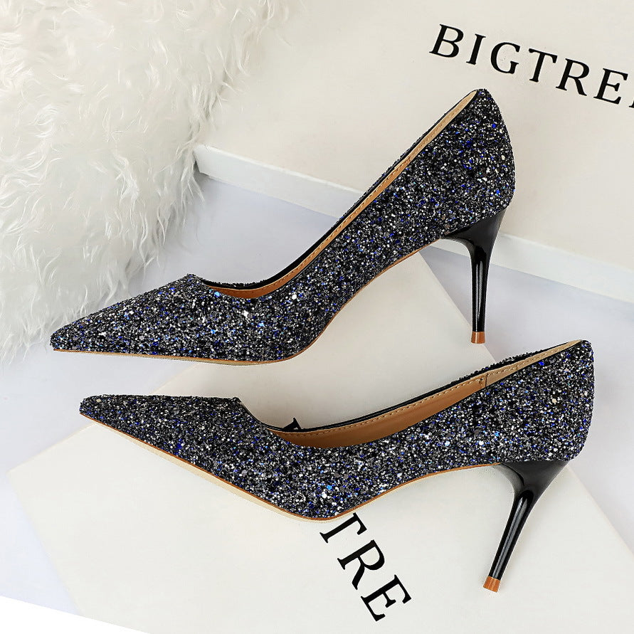 Sparkly pointed-toe high heels from Langry for elegant fashion choices and ملابس