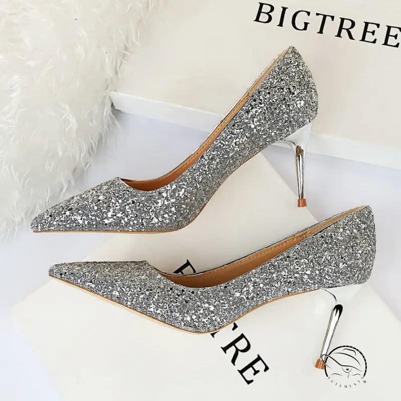 Sparkly silver langry fashion stiletto heels in sequins