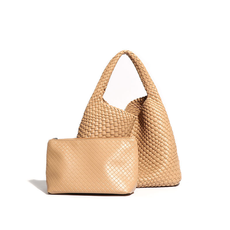 Handmade Woven Bag featuring a tan leather handbag and pouch, perfect for fashion lovers