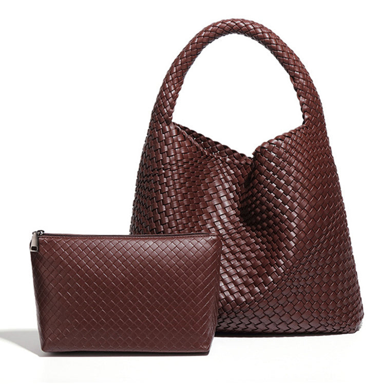 Woven brown leather handbag and pouch showcasing Langry fashion accessories