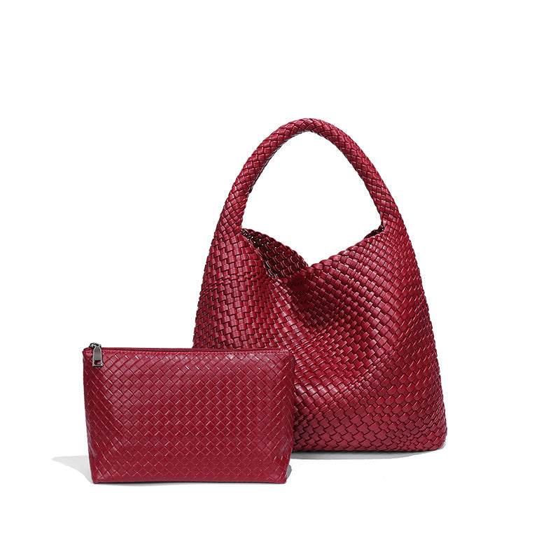 Burgundy woven leather hobo bag with pouch, perfect for fashionable ملابس accessories