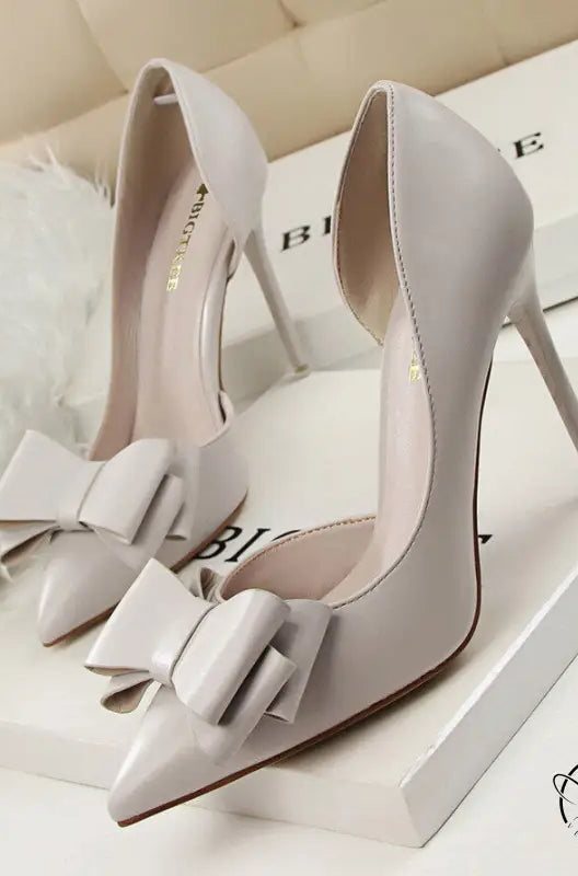 Elegant langry fashion white stiletto heels with sweet bowknot toes
