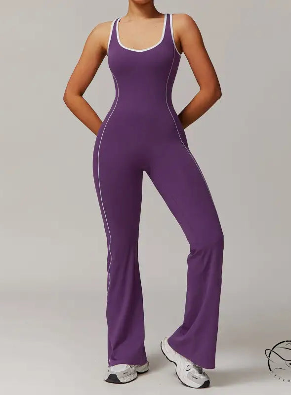 Purple yoga jumpsuit with white trim from Langry fashion