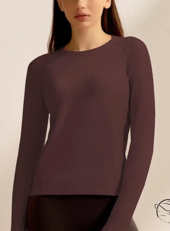 Brown long-sleeved fitted crewneck langry fashion top