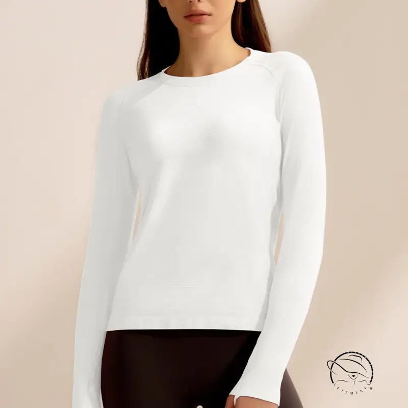 White langry long-sleeved crewneck fitness top in fashion ملابس