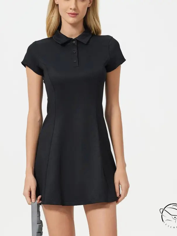 Breathable short tennis dress: black polo-style mini with short sleeves and collar
