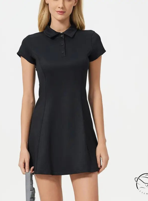 Breathable short tennis dress: black polo-style mini with short sleeves and collar