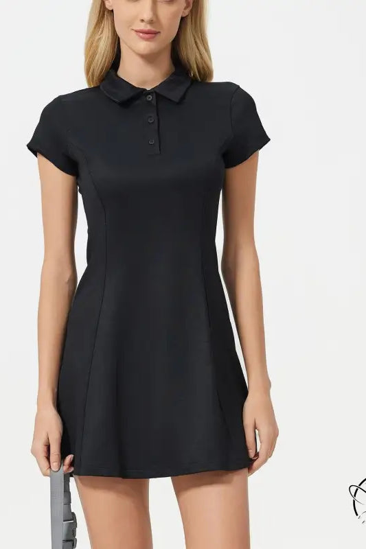 Breathable short tennis dress: black polo-style mini with short sleeves and collar