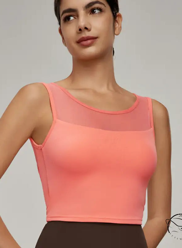 Beauty Back Mesh Workout Top: peach sleeveless crop with sheer mesh yoke