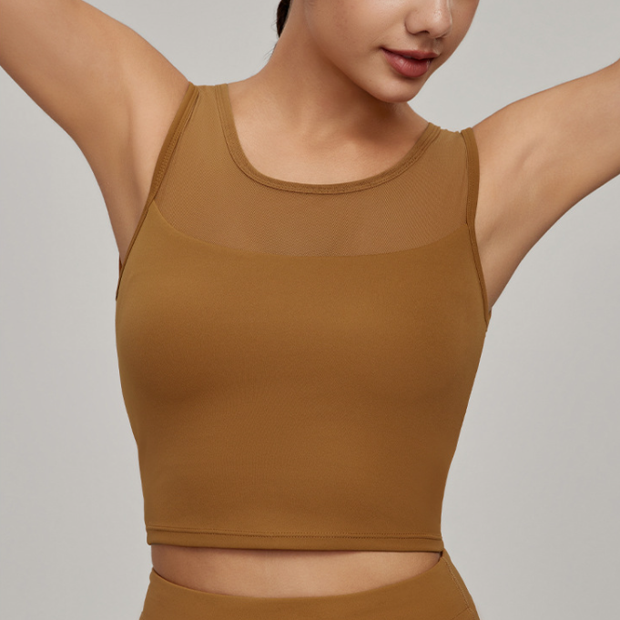 Beauty Back Mesh Workout Top in dark tan with sheer panel for stylish fitness fashion
