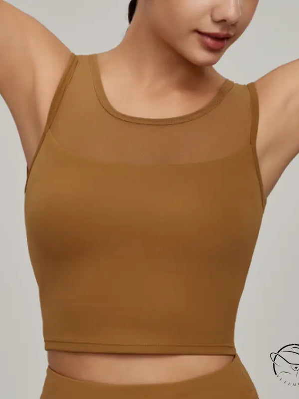 Beauty Back Mesh Workout Top in dark tan crop style