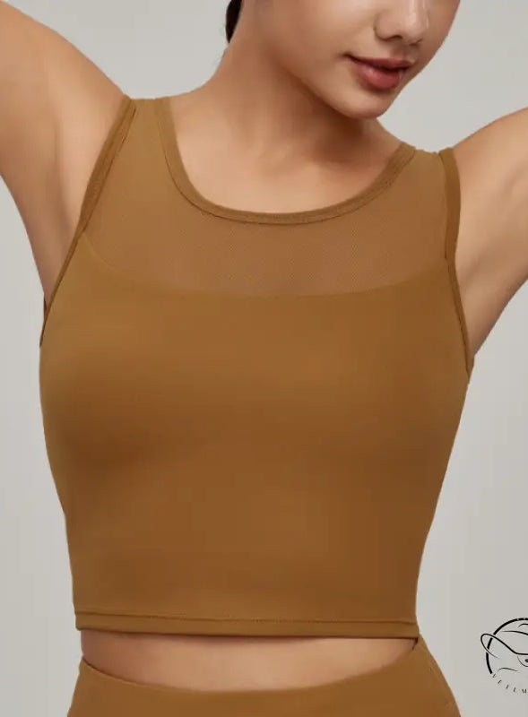 Beauty Back Mesh Workout Top in dark tan crop style