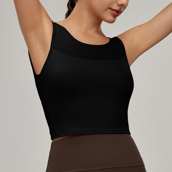 Black sleeveless scoop-neck crop top with sheer mesh panel, stylish langry fashion ملابس