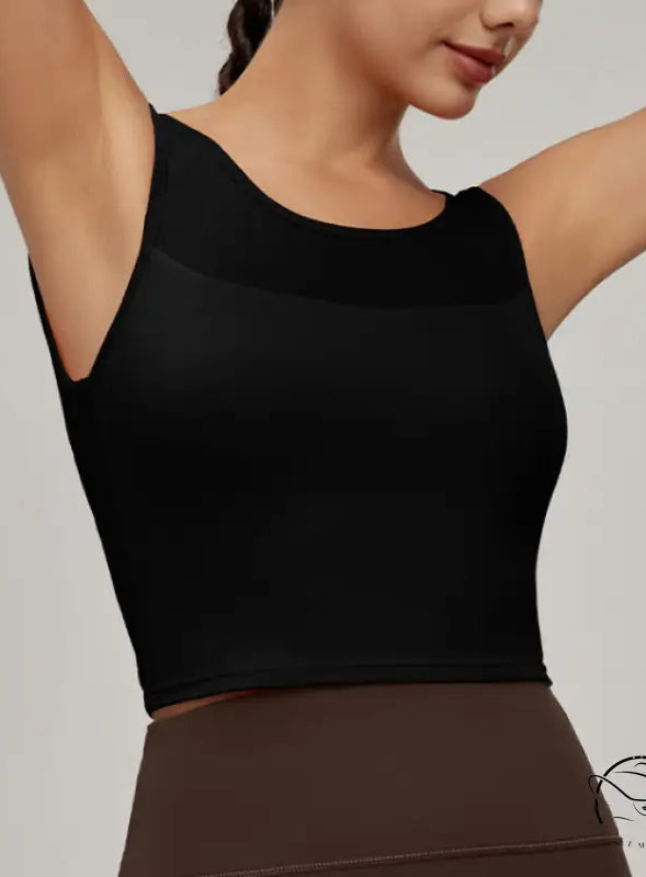 Beauty Back Mesh Workout Top: Black Sleeveless Crop with Sheer Chest Panel