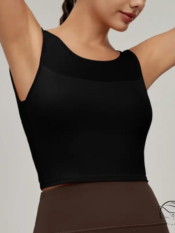 Beauty Back Mesh Workout Top: Black Sleeveless Crop with Sheer Chest Panel