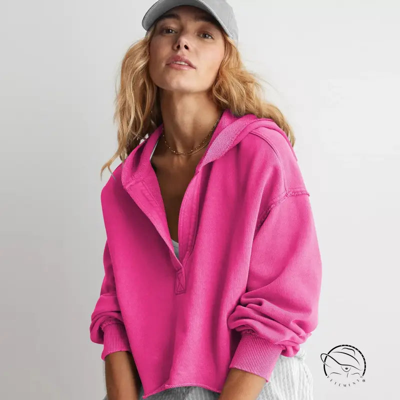 Hot pink cropped langry fashion hooded sweatshirt with ribbed cuffs