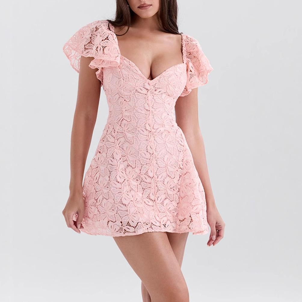 Pink lace mini dress with flutter sleeves and sweetheart neckline for elegant fashion ملابس