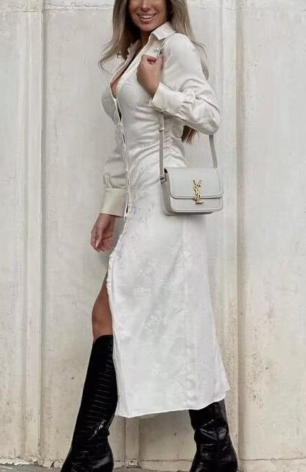 White langry fashion dress with ruched V-neck bodice and boots