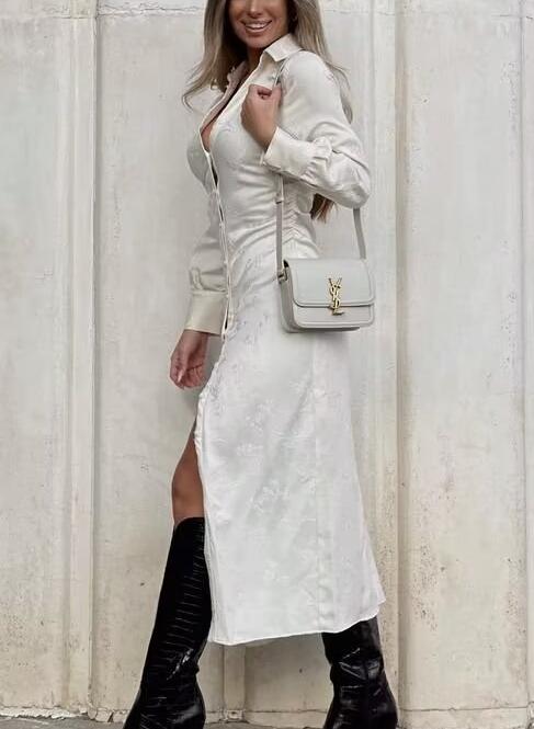 White langry fashion dress with ruched V-neck bodice and boots
