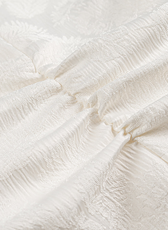 Cream lace fabric with floral patterns in Langry V-neck jacquard dress