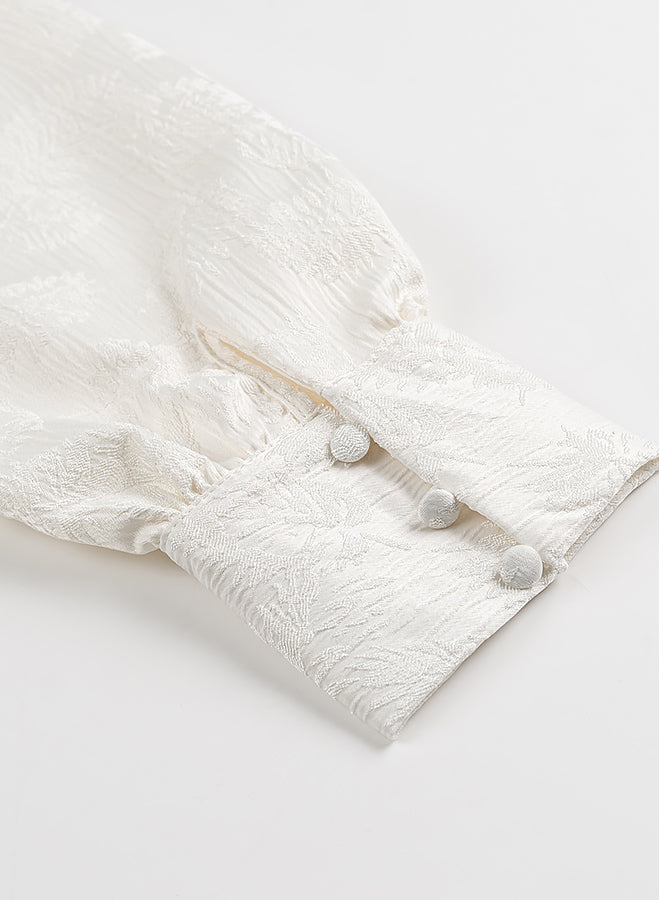 Elegant Langry fashion dress with white fur coat, pom-poms, lace detailing