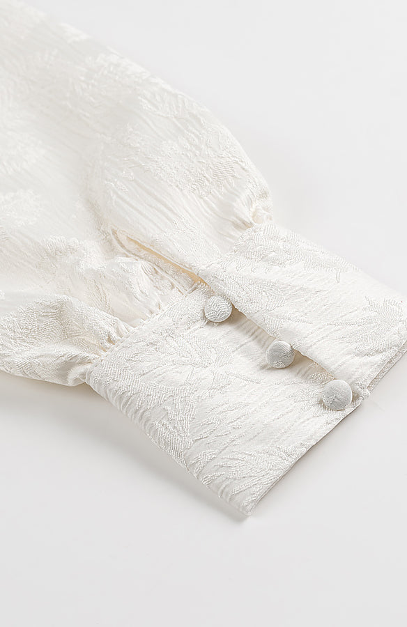 Elegant Langry fashion dress with white fur coat, pom-poms, lace detailing