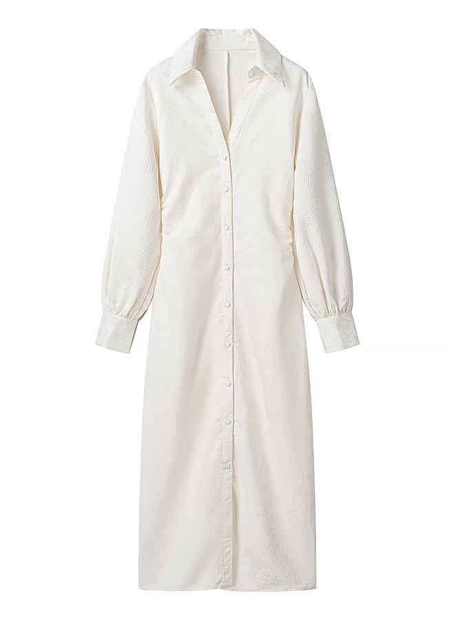 Elegant V-neck jacquard drawstring dress with long white shirt style, button-down front, and elastic cuffs in langry fashion ملابس