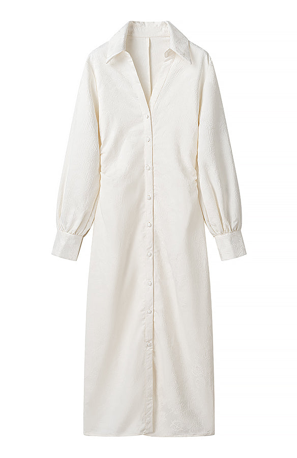 Elegant V-neck jacquard drawstring dress with long white shirt style, button-down front, and elastic cuffs in langry fashion ملابس