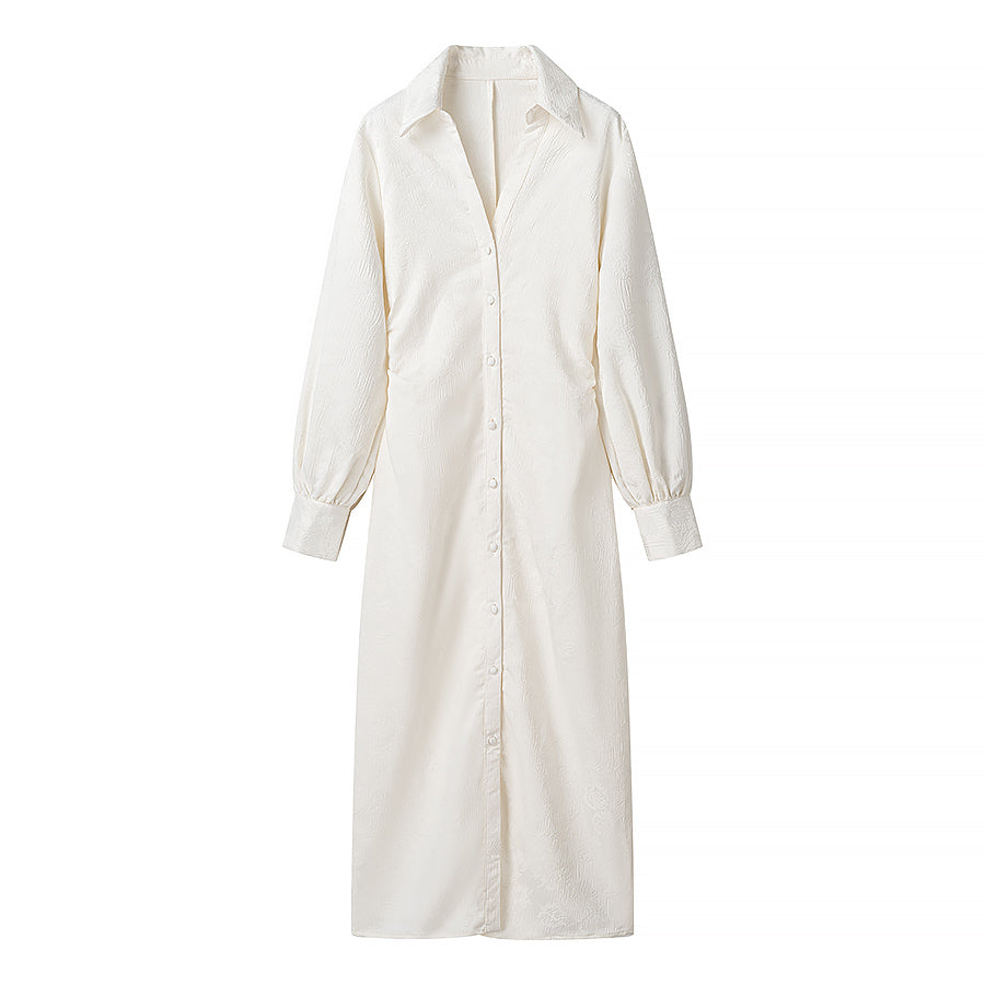 Elegant V-neck jacquard drawstring dress with long white shirt style, button-down front, and elastic cuffs in langry fashion ملابس