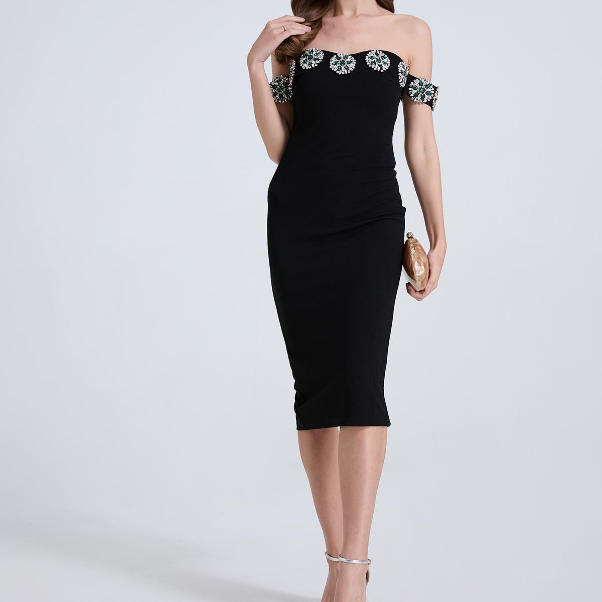 Black off-shoulder cocktail dress with crystal embellishments for stylish fashion ملابس