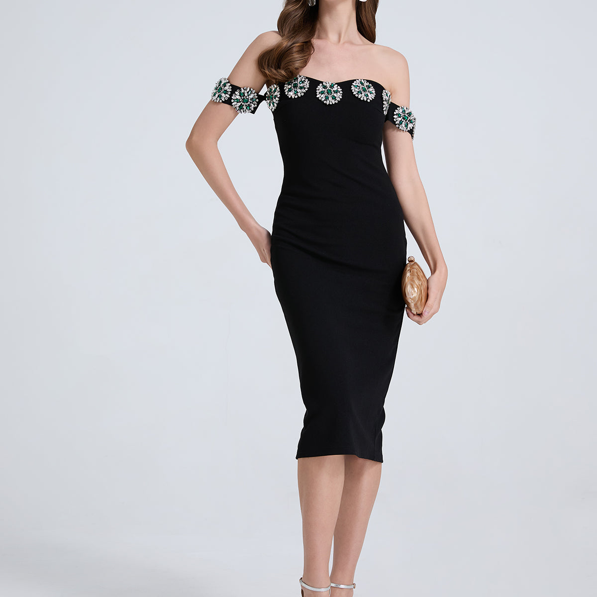 Elegant black off-shoulder cocktail dress with silver embellishments for stylish fashion ملابس
