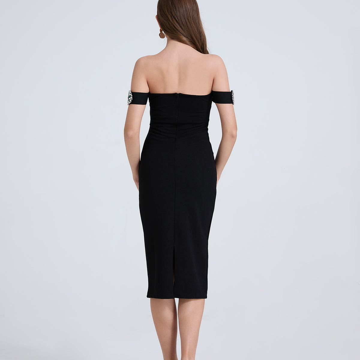 Black off-shoulder midi dress with silver heels for fashionable looks, ملابس langry