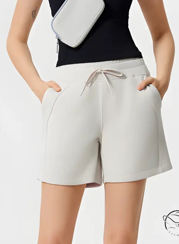 Light gray casual loose yoga shorts with drawstring and side pockets