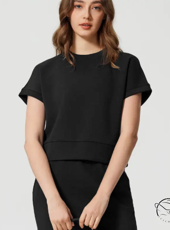 Black loose fitness yoga crop top t-shirt