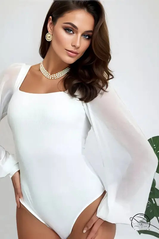 Attractive chiffon lantern sleeve jumpsuit with sheer bell sleeves