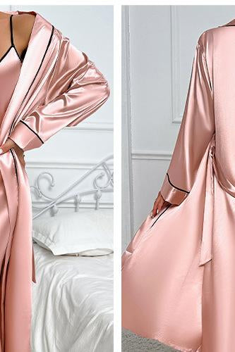 Elegant ice silk nightdress set in rose gold satin with black trim