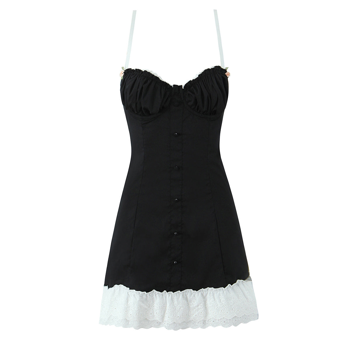 Black strapless dress with white ruffle trim, perfect for stylish fashion occasions