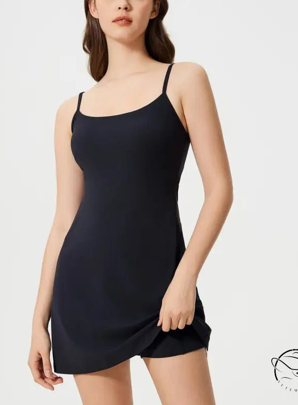 Black spaghetti-strap comfy fitness tennis dress with fitted silhouette