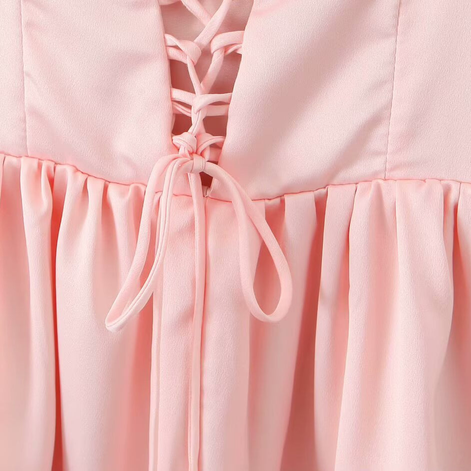 Pink lace-up dress bodice of Stunning Tight Fit Slim Fit Dress in fashionable style